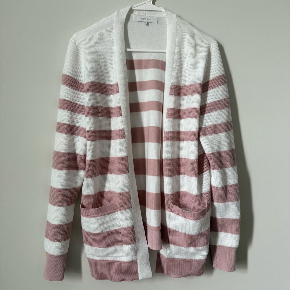 Verve Ami Mauve Pink and White Striped Long Sleeve Cottagecore Cardigan Sweater - Picture 1 of 5